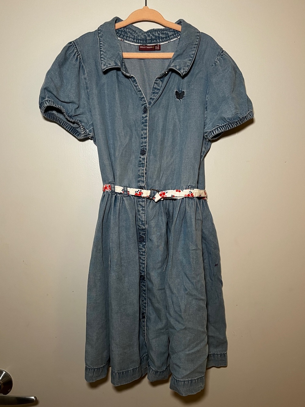 Sergent Major Girls Denim Shirt Dress Puff Sleeves Floral Belt Size 9Y
